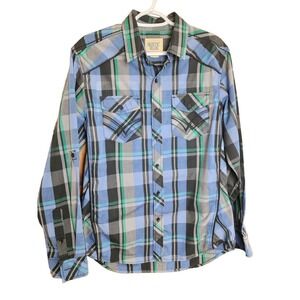 Rustic Blue Plaid Men's Long Sleeve Shirt Pockets Size M Embroidery Western